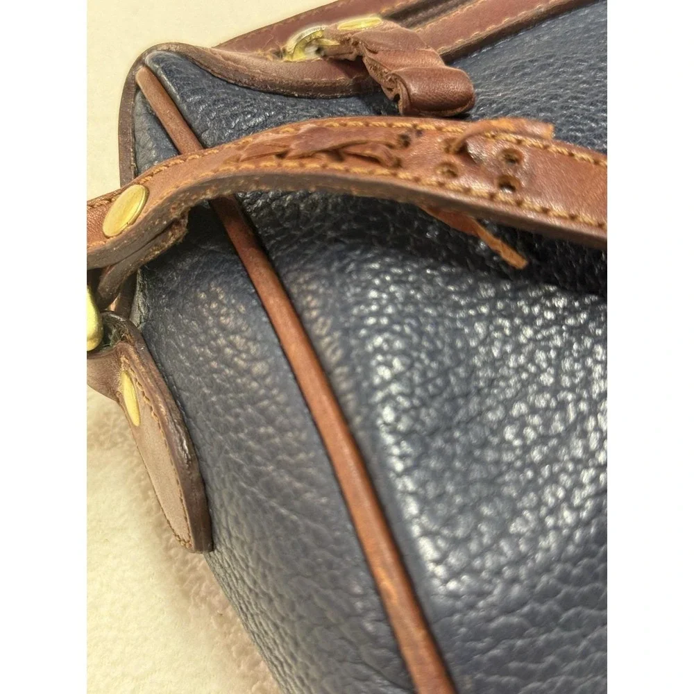 Vintage Liz Claiborne Bag Navy Pebbled Leather Handbag Brown Trim 80's 90's